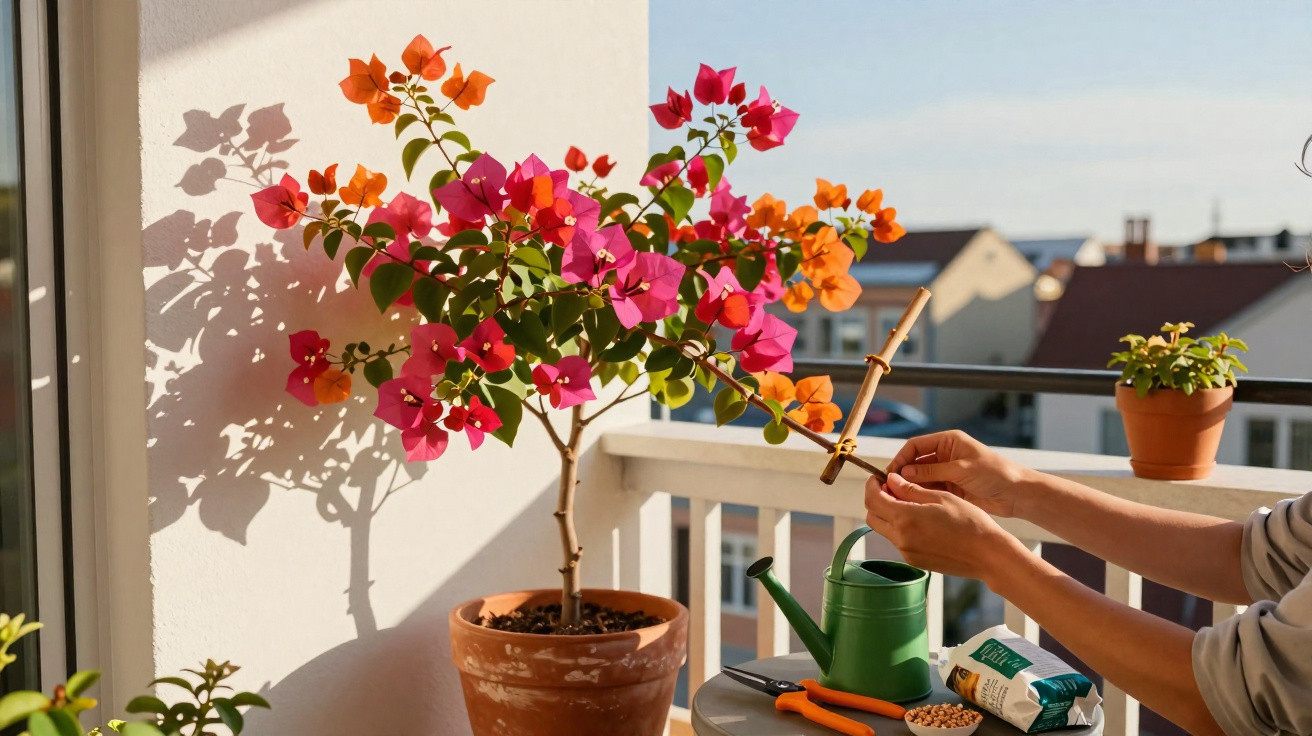 Bunter Bougainvillea-Strauch auf Balkon wird gepflegt, Handschutz und Gießkanne sichtbar.