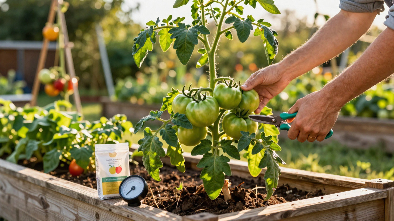 Person erntet grüne Tomaten mit einer Gartenschere aus einem Hochbeet im sonnenbeschienenen Garten.