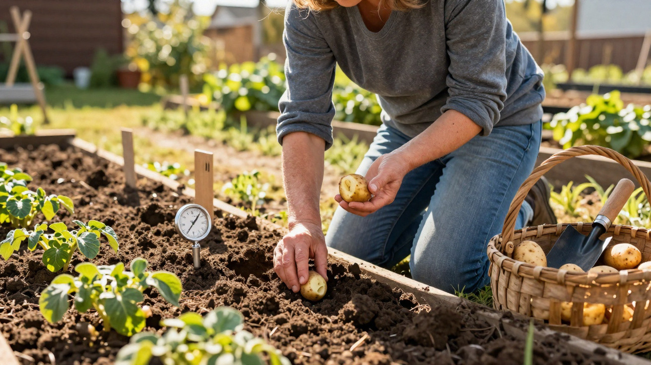 Person, die Kartoffeln in einem Beet pflanzt, mit Korb voller Kartoffeln und Gartenthermometer im Boden.