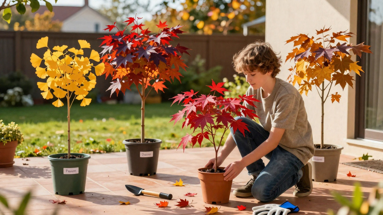 Junge pflanzt herbstbunte Bäume auf Terrasse, Gartengeräte neben ihm, sonniger Tag im Garten.