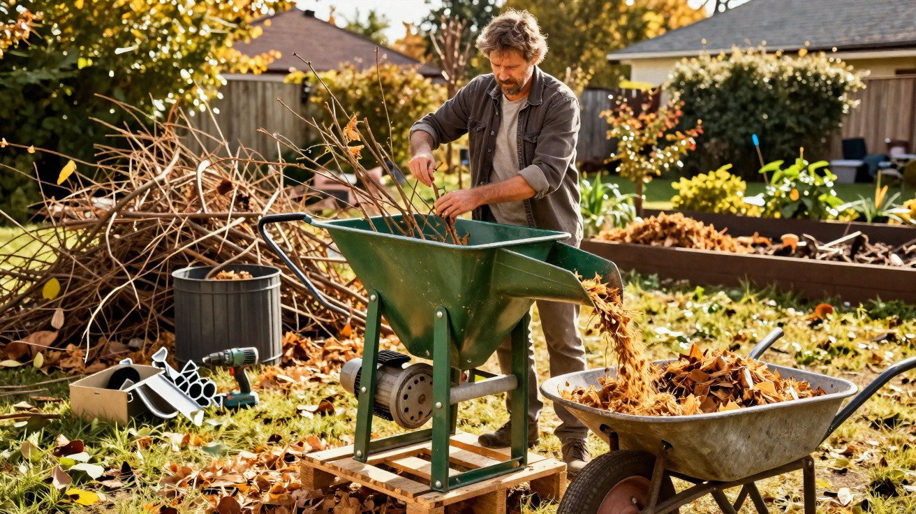Mann zerkleinert Äste und Laub im Garten mit Gartenhäcksler an sonnigem Herbsttag.