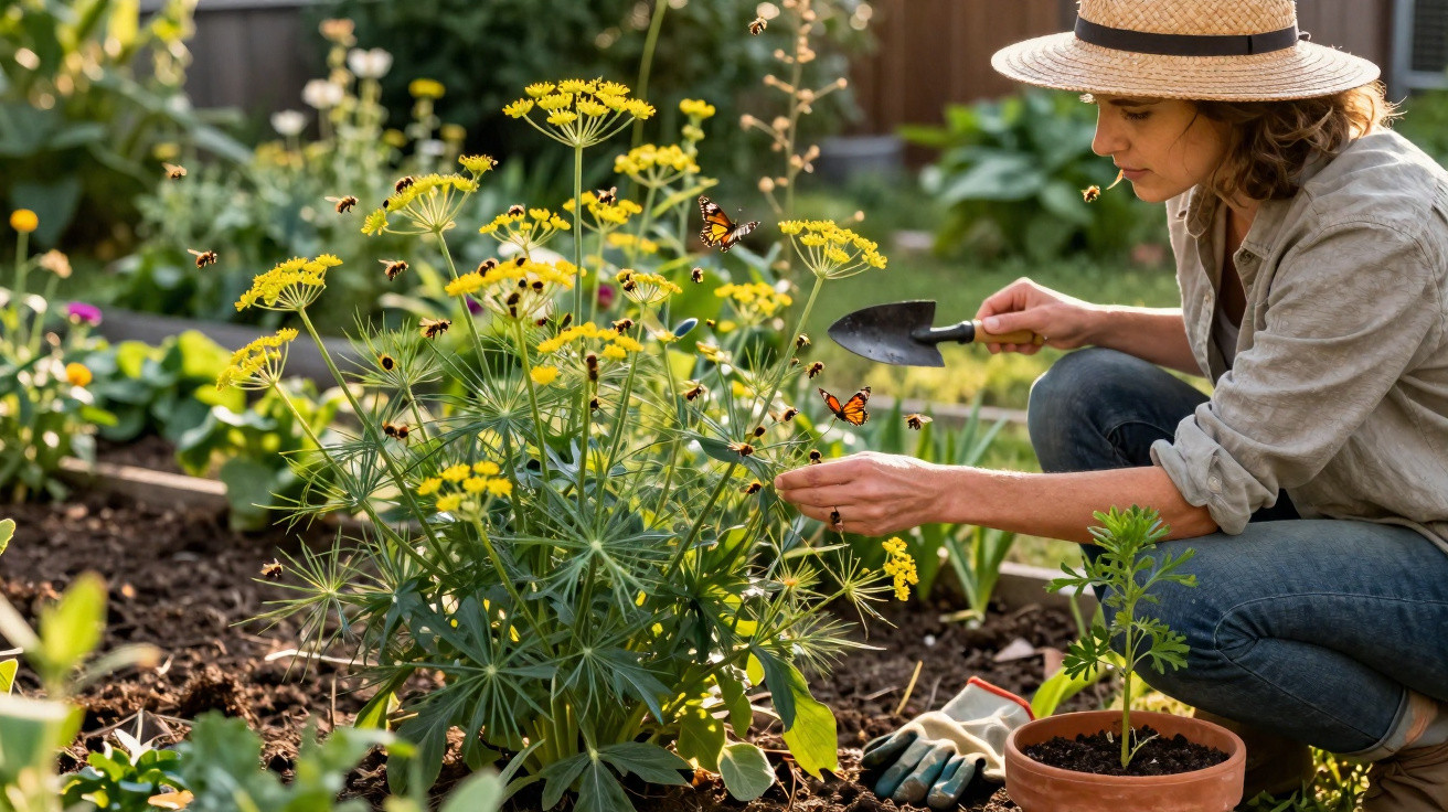 Frau im Garten mit Hut pflegt gelbe Blumen, umgeben von Bienen und Schmetterlingen bei Sonnenlicht.