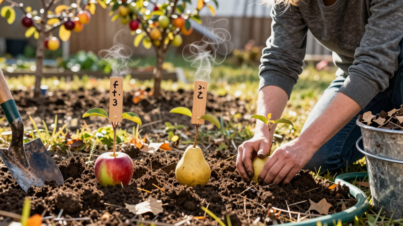 Person pflanzt Apfel- und Birnensetzlinge mit beschrifteten Schildern im sonnigen Gartenboden.