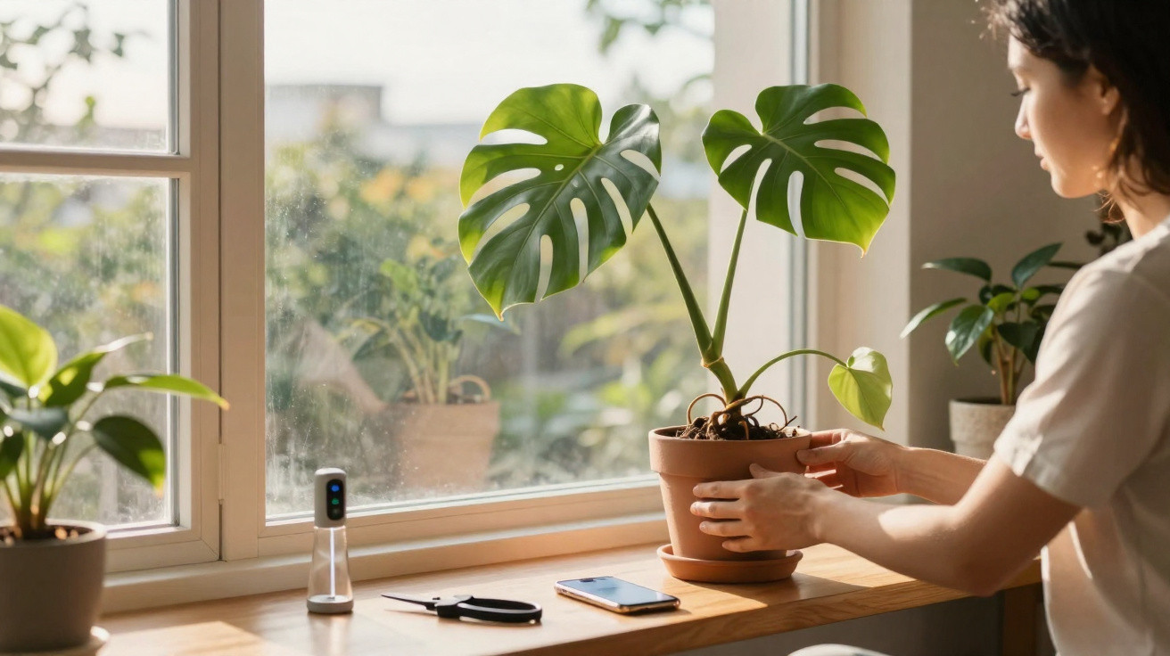 Frau pflegt eine grüne Monstera-Pflanze auf Fensterbank mit weiteren Pflanzen und Gartengeräten.