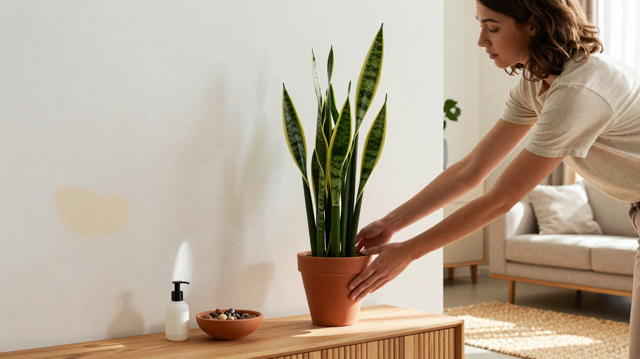 Frau stellt einen Topf mit grünem Zimmerpflanze auf ein Sideboard im hellen Wohnzimmer.