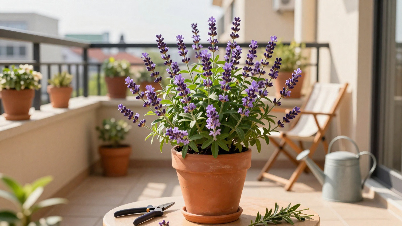 Topfpflanze mit lila Blüten auf Balkon, Gartenschere und Gießkanne im Hintergrund sichtbar.