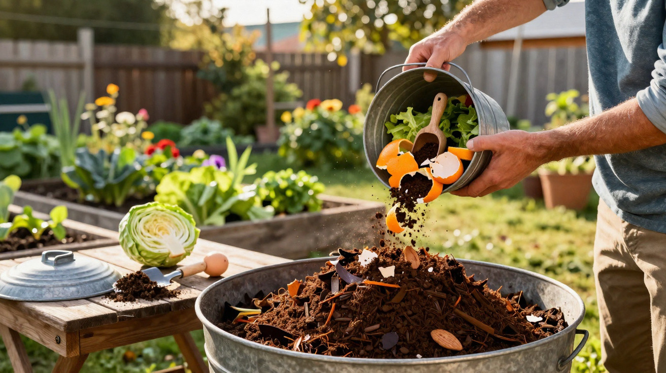 Person gibt Küchenabfälle wie Obst- und Gemüseschalen in einen Kompostbehälter im Garten.
