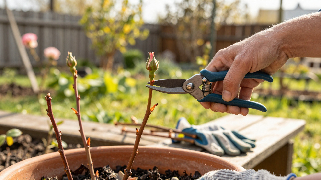 Hand schneidet Rosentrieb mit Gartenschere in Tontopf bei sonnigem Wetter zurück.