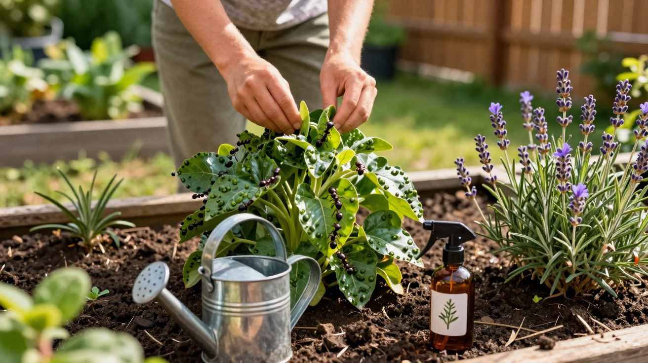 Person jätet Gartenpflanze mit schwarzen Beeren auf einem Hochbeet, daneben Gießkanne und Sprühflasche.