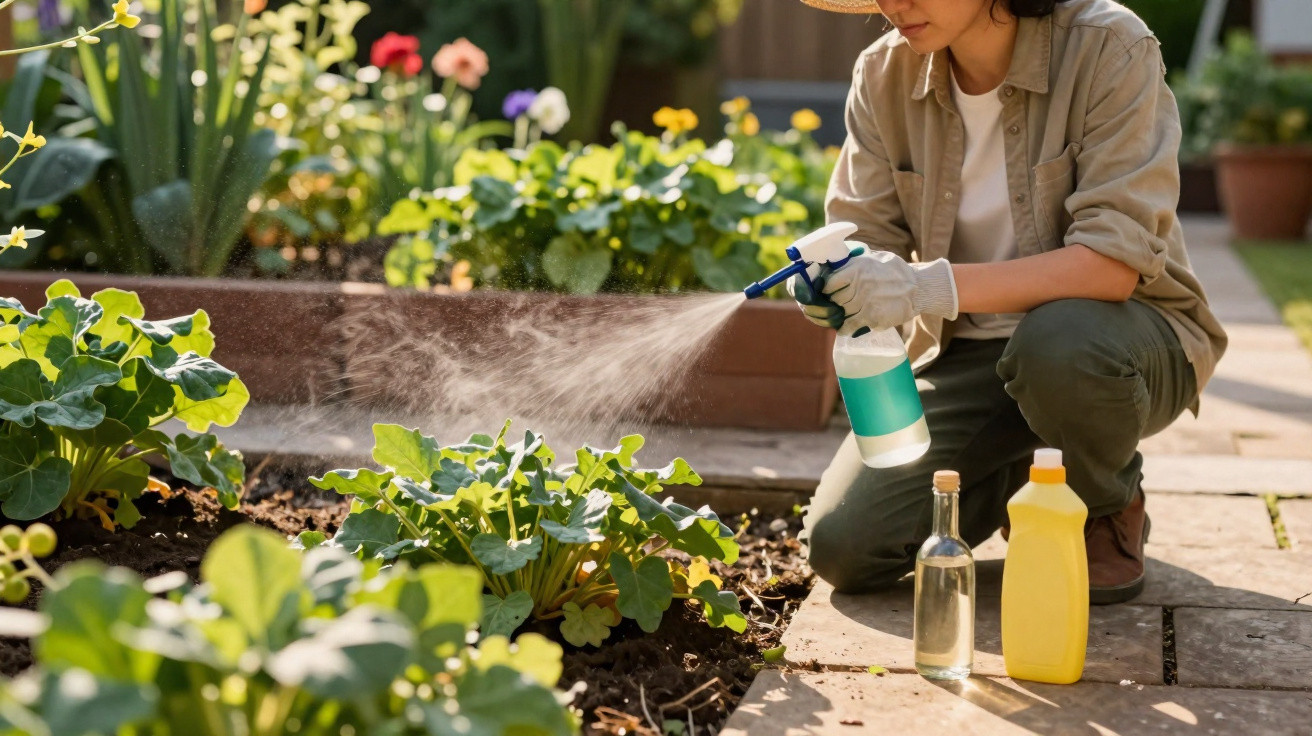 Person in Gartenkleidung sprüht Pflanzenschutzmittel auf grüne Pflanzen im Hochbeet bei sonnigem Wetter.