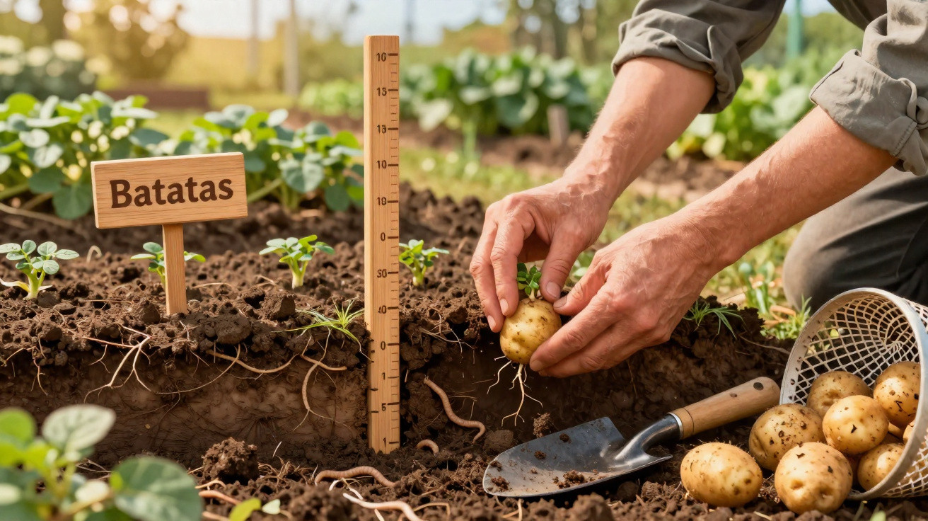 Hände ernten Kartoffeln aus dem Boden neben einem Pflanzschild „Batatas“ und Gartenschaufel.