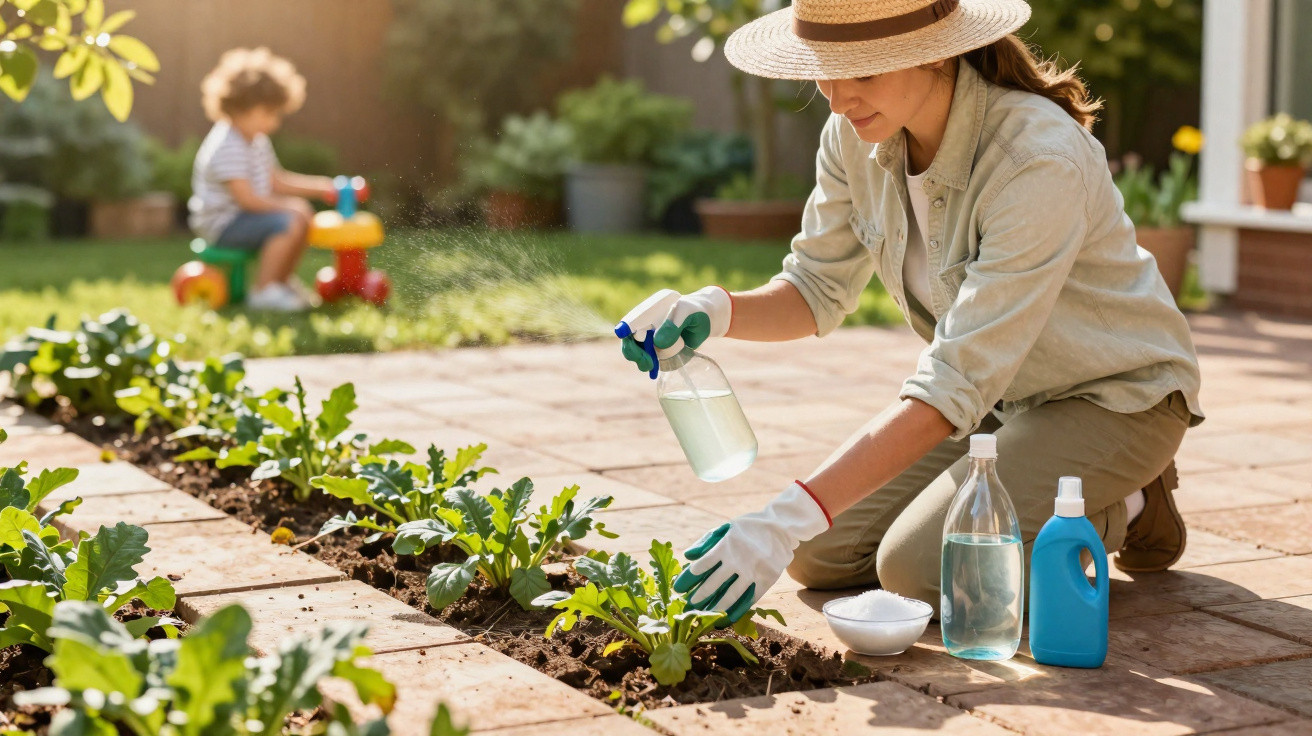 Frau mit Hut und Handschuhen besprüht Pflanzen im Garten, im Hintergrund sitzt ein Kind auf einem Spielzeugfahrzeug.