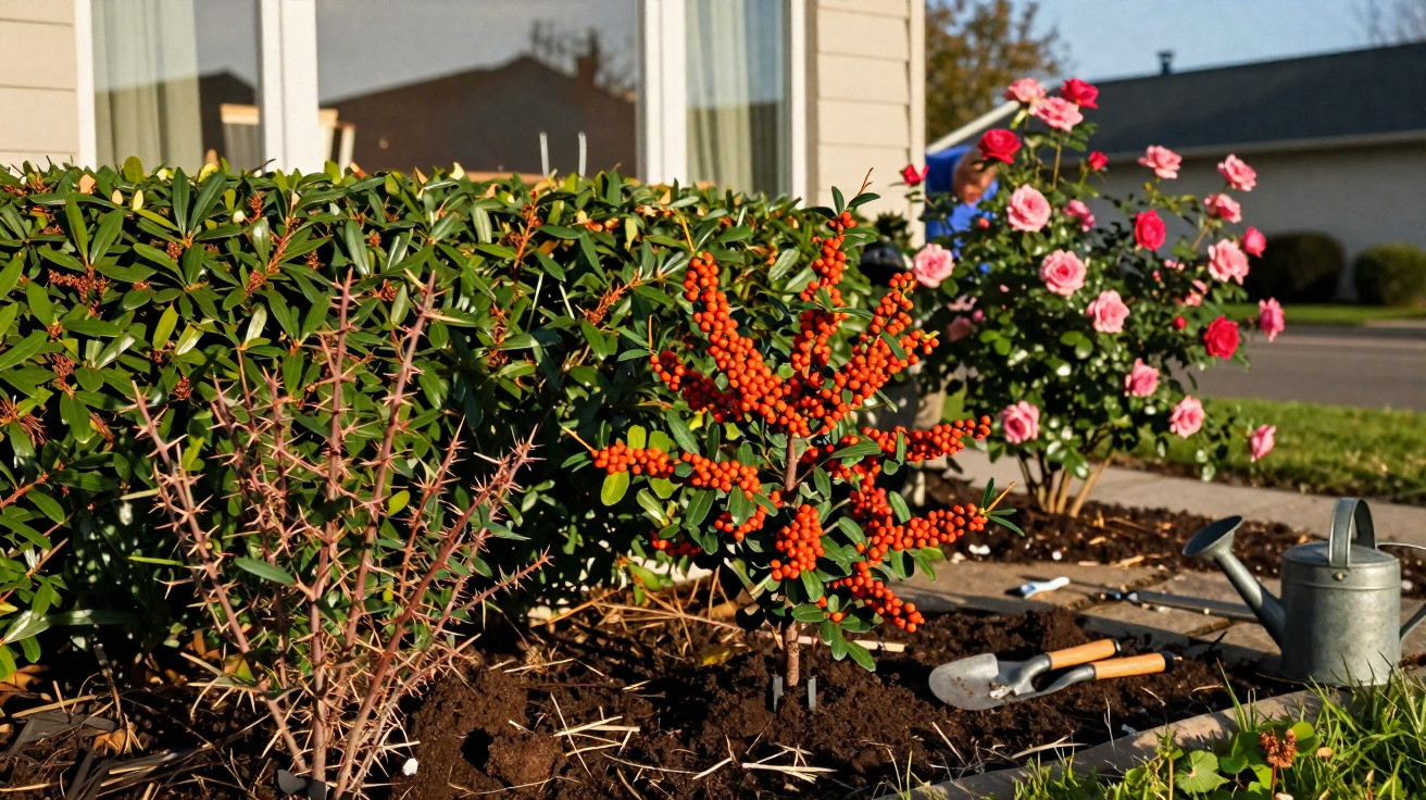 Gartenbeet mit rotem Beerenstrauch, Rosen und Gartengeräten vor Hausfassade bei sonnigem Wetter.