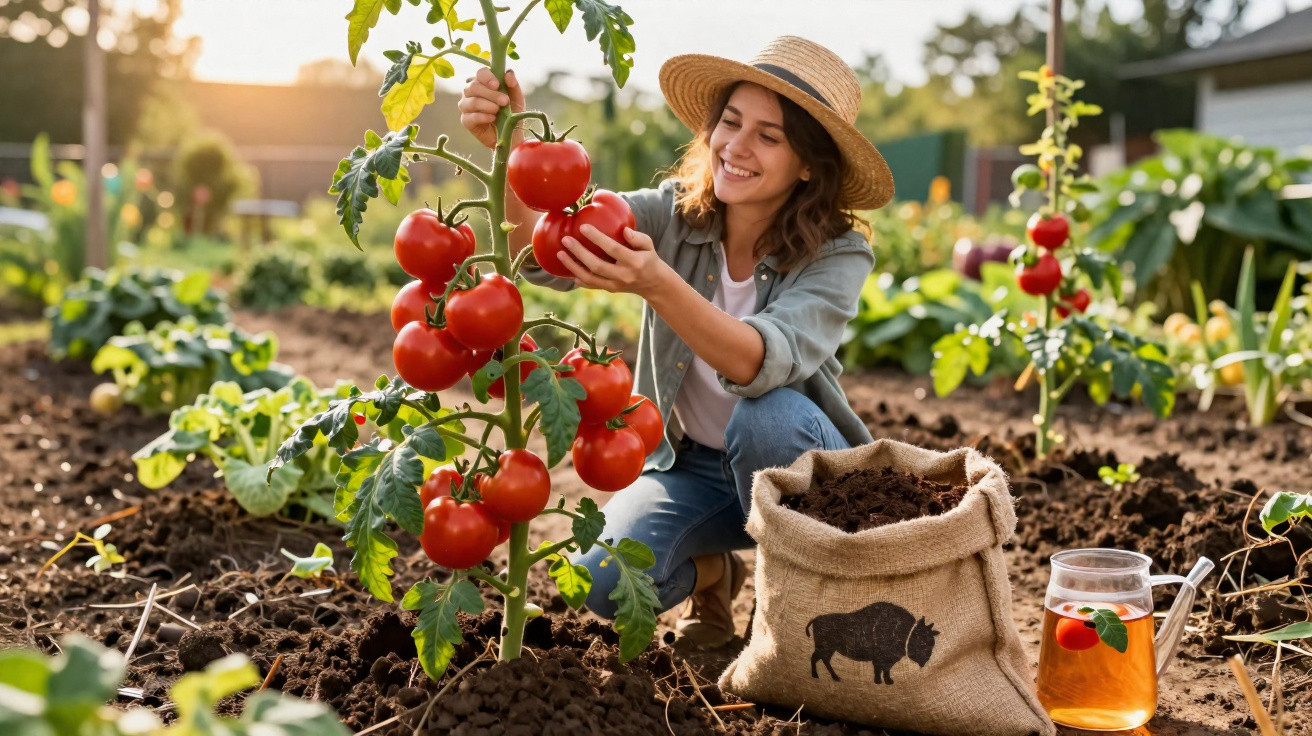 Junge Frau erntet reife Tomaten im Gemüsegarten bei Sonnenuntergang mit Saft und Säcken im Vordergrund.