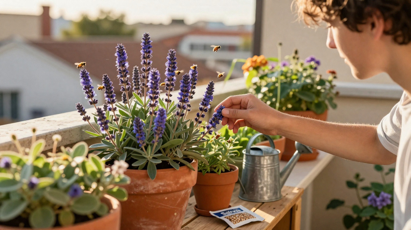 Person pflegt Lavendelpflanzen auf einem Balkon mit Bienen, Gießkanne und Samensäckchen im Sonnenlicht.