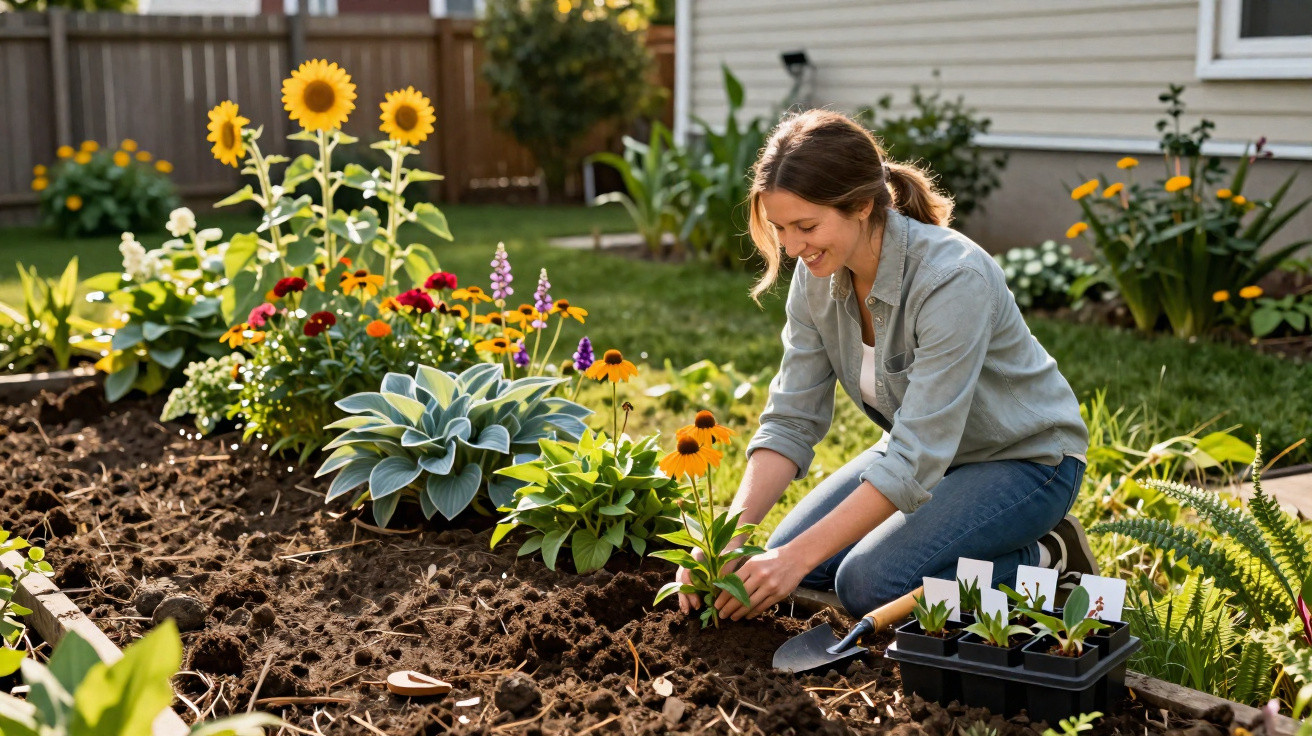 Frau pflanzt Blumen in einem sonnigen Gartenbeet, umgeben von bunten Pflanzen und Sonnenblumen.