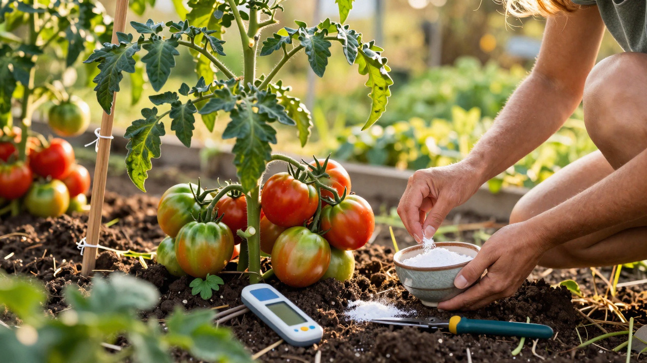 Person bestreut Tomatenpflanze im Garten mit weißem Pulver zur Pflanzengesundheitspflege.