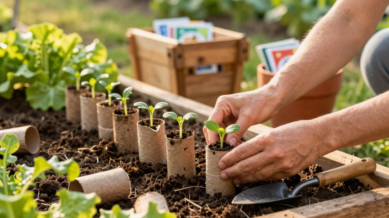 Mensch pflanzt Setzlinge in recycelten Papprollen im Hochbeet, daneben Gartenkiste und Pflanzenschaufel.