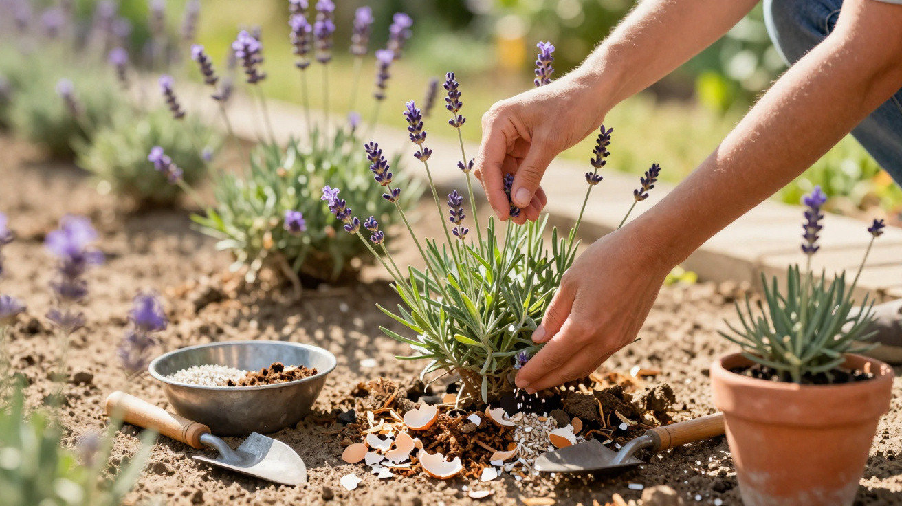 Person pflanzt Lavendel im Garten neben Werkzeug und Eierschalen als Dünger auf dem Boden.