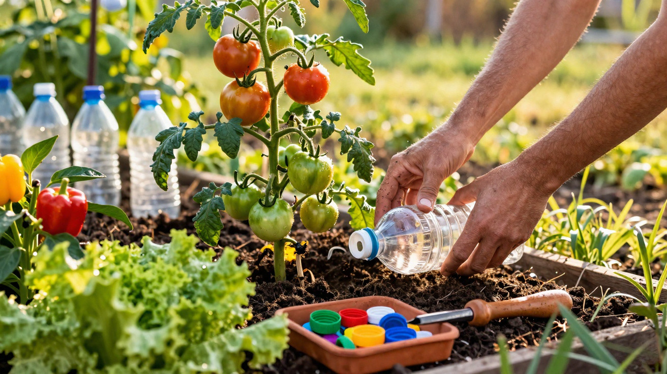 Person gießt Tomatenpflanze im Gemüsegarten mit Wasser aus einer Plastikflasche bei sonnigem Wetter.