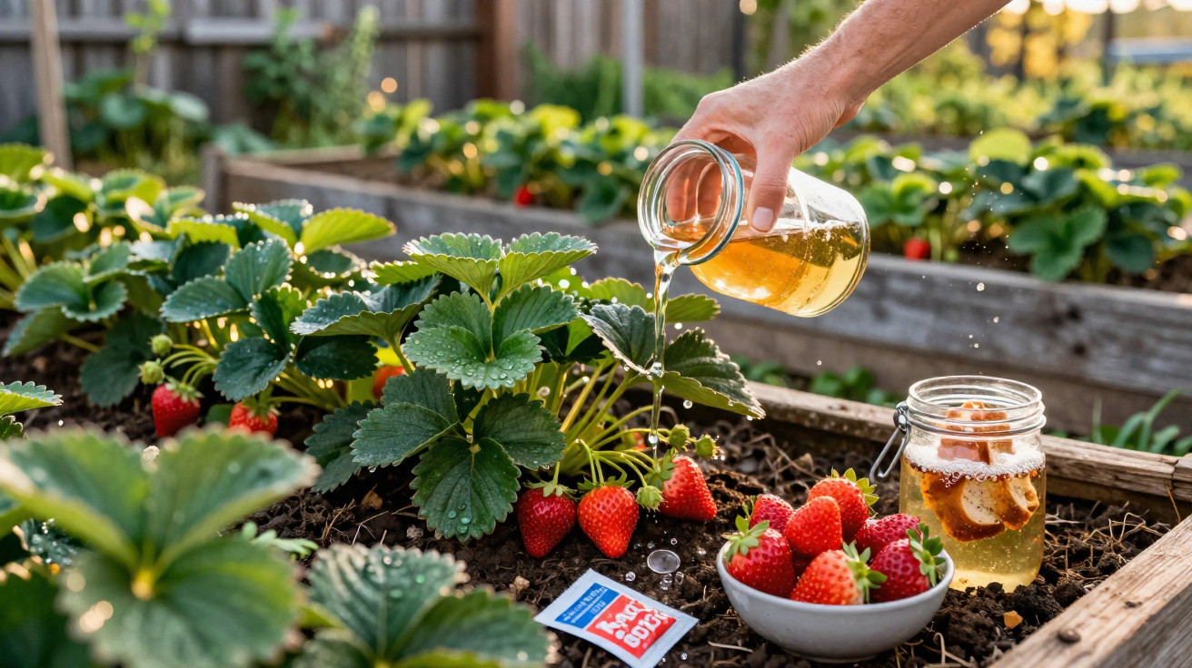Hand gießt Flüssigkeit auf Erdbeerpflanzen in einem Hochbeet mit frischen Erdbeeren und Glasgefäßen.