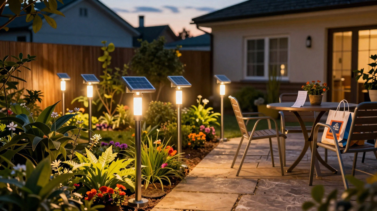 Abendliche Terrasse mit solarbetriebenen Gartenleuchten und bepflanztem Beet neben einem Haus.