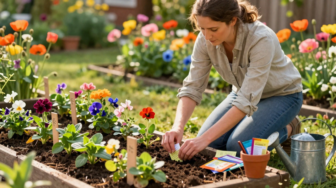 Frau pflanzt Blumen in einem bunten Gartenbeet, umgeben von Gießkanne und Samenpackungen.