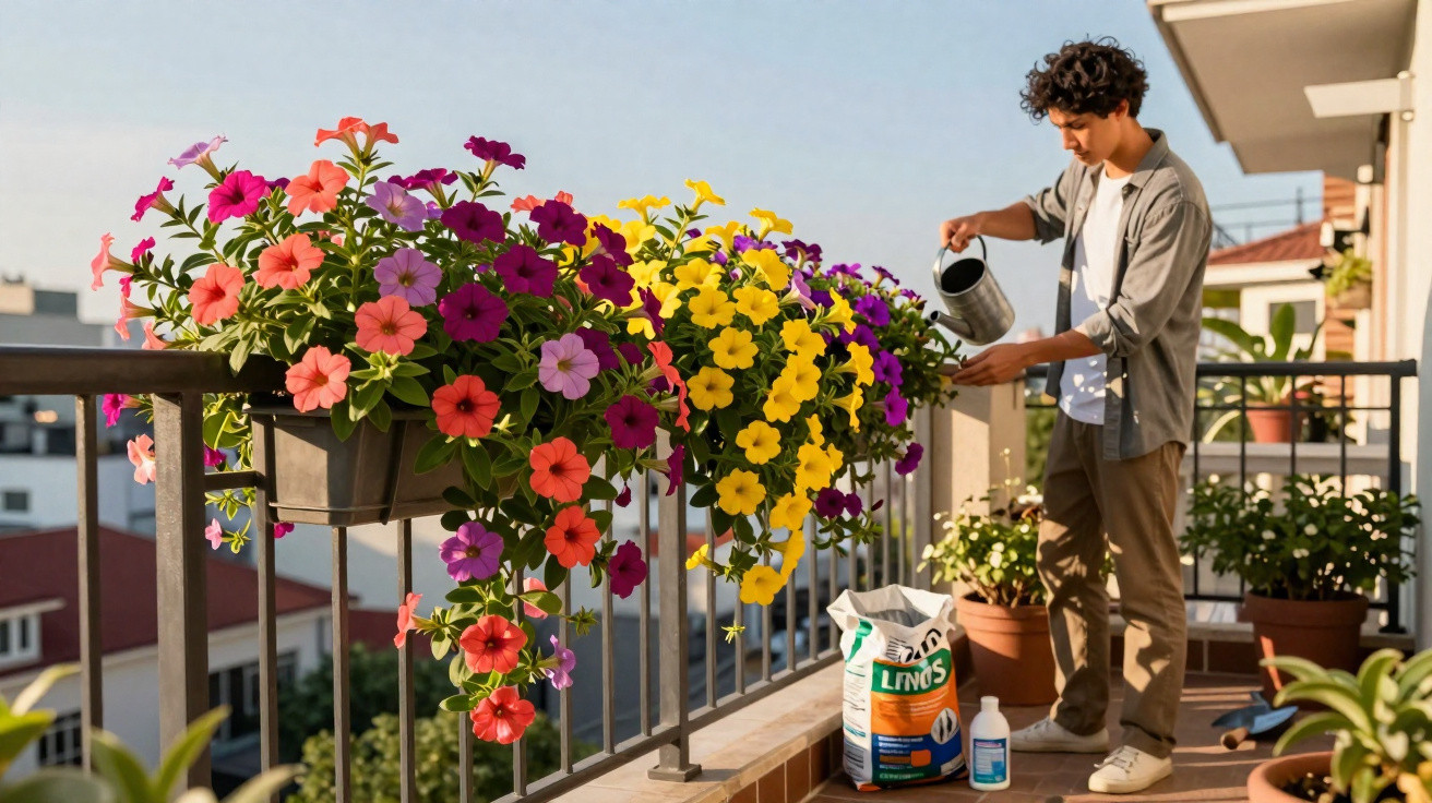 Junger Mann gießt Blumen auf dem Balkon mit bunten Blumentöpfen bei Tageslicht.
