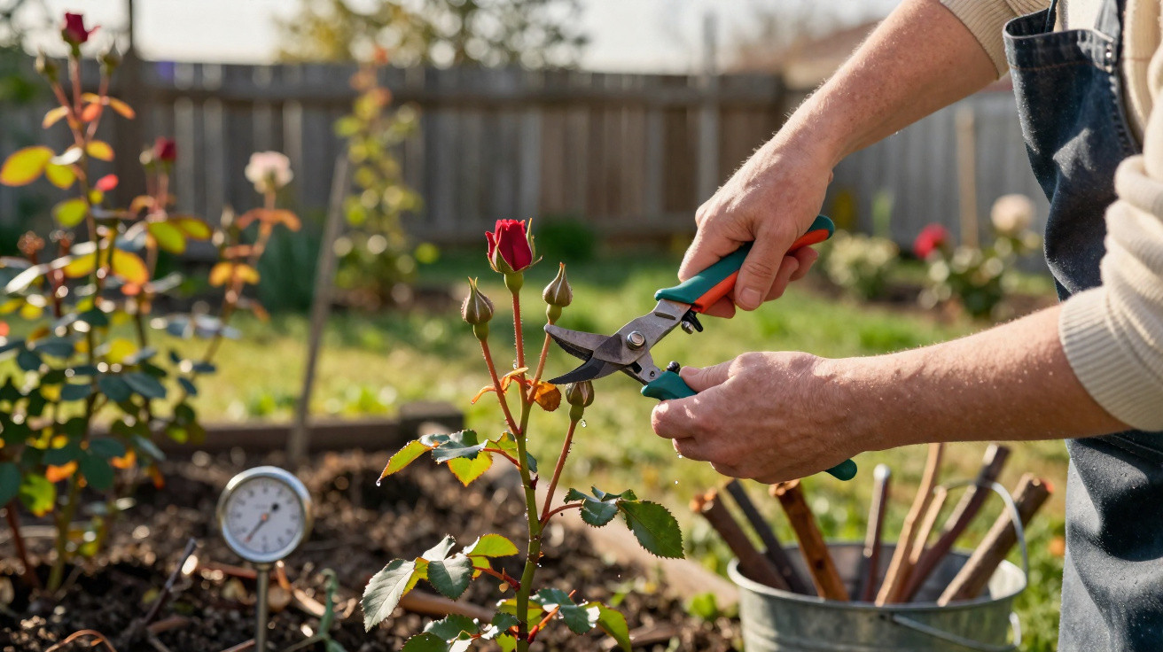 Hände schneiden mit Gartenschere eine verblühte Rose in einem Garten mit Werkzeug und Thermometer.