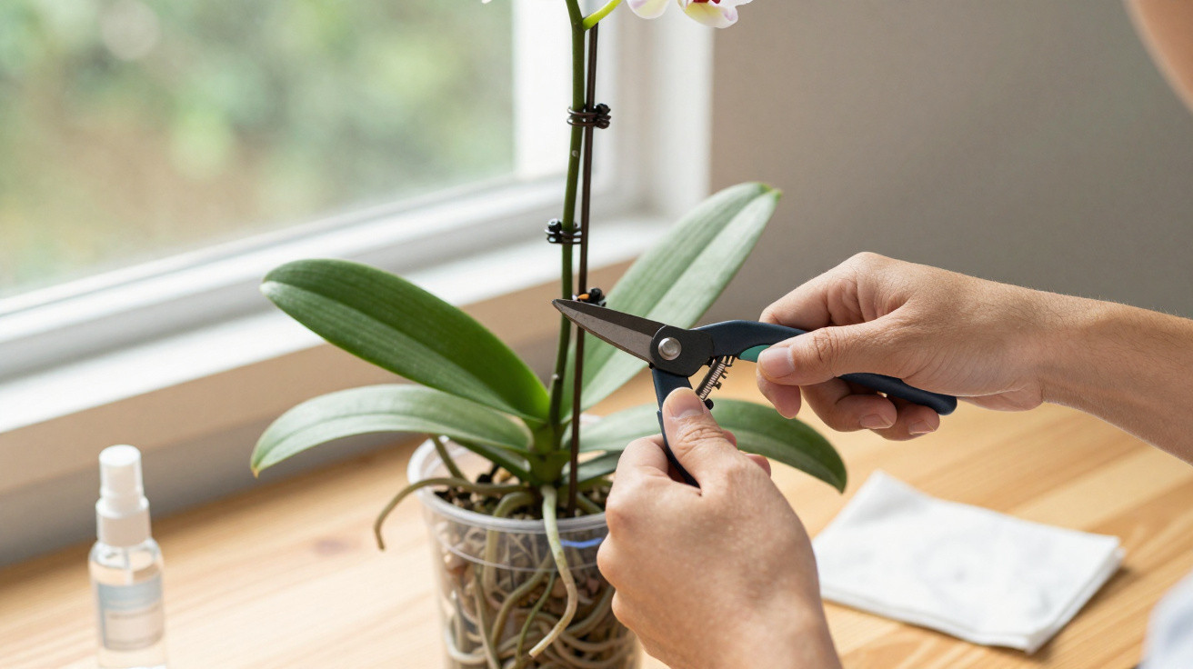 Person schneidet Orchideenstiel mit Schere in durchsichtigen Topf an hellem Fenster auf Holztisch.
