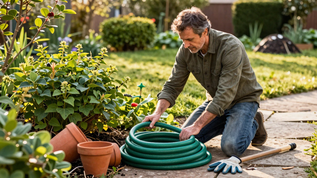 Mann kniet im Garten und rollt einen grünen Gartenschlauch neben Blumentöpfen und Gartenhandschuhen auf.