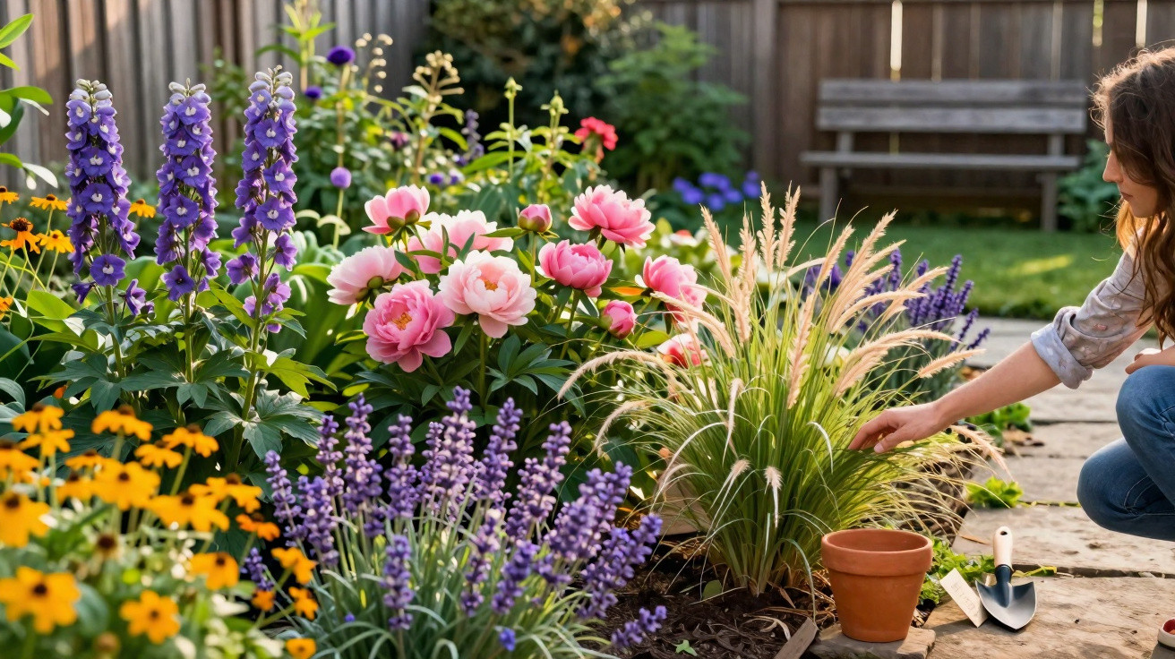 Frau pflegt bunten Blumengarten mit rosa Pfingstrosen, Lavendel und Gräsern neben Gartenweg.