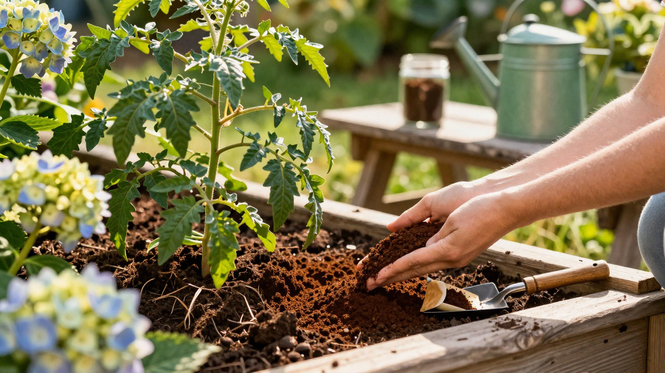 Eine Person pflanzt eine Tomatenpflanze in einem Hochbeet voller Erde, mit Gartenwerkzeug im Hintergrund.