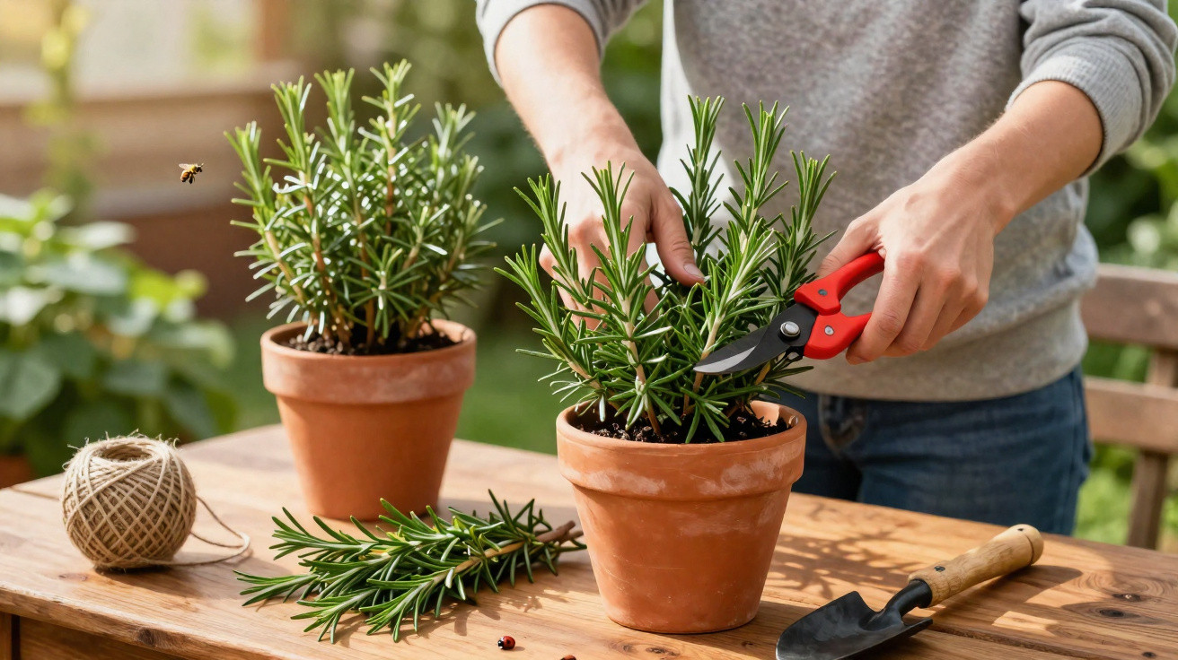 Person schneidet Rosmarin in einem Tontopf mit einer Gartenschere auf einem Holztisch draußen.