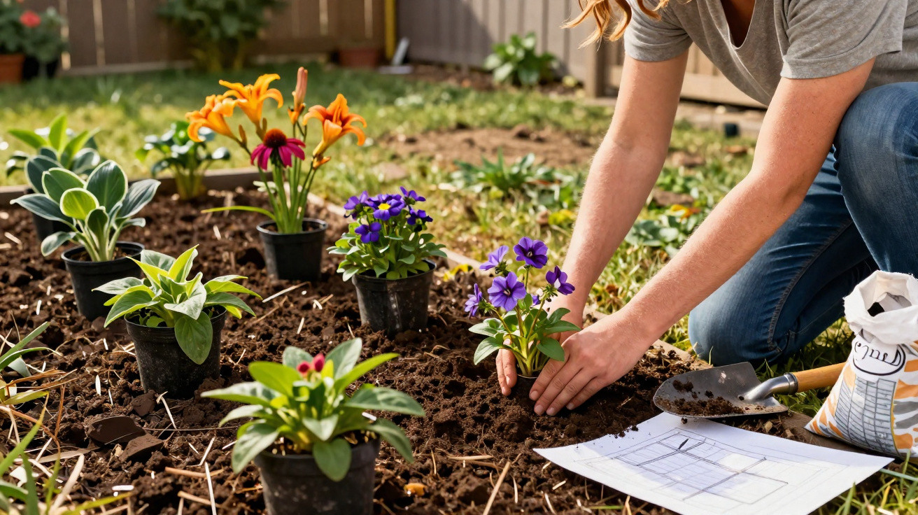 Frau pflanzt bunte Blumen in Gartenbeet, neben Schaufel und Pflanzplan auf Erde, sonniger Tag.