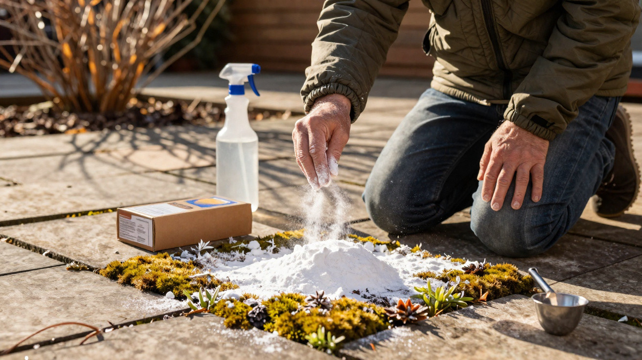 Person streut Pulver auf Moos auf Terrasse aus Steinplatten, neben Sprühflasche und Messbecher.