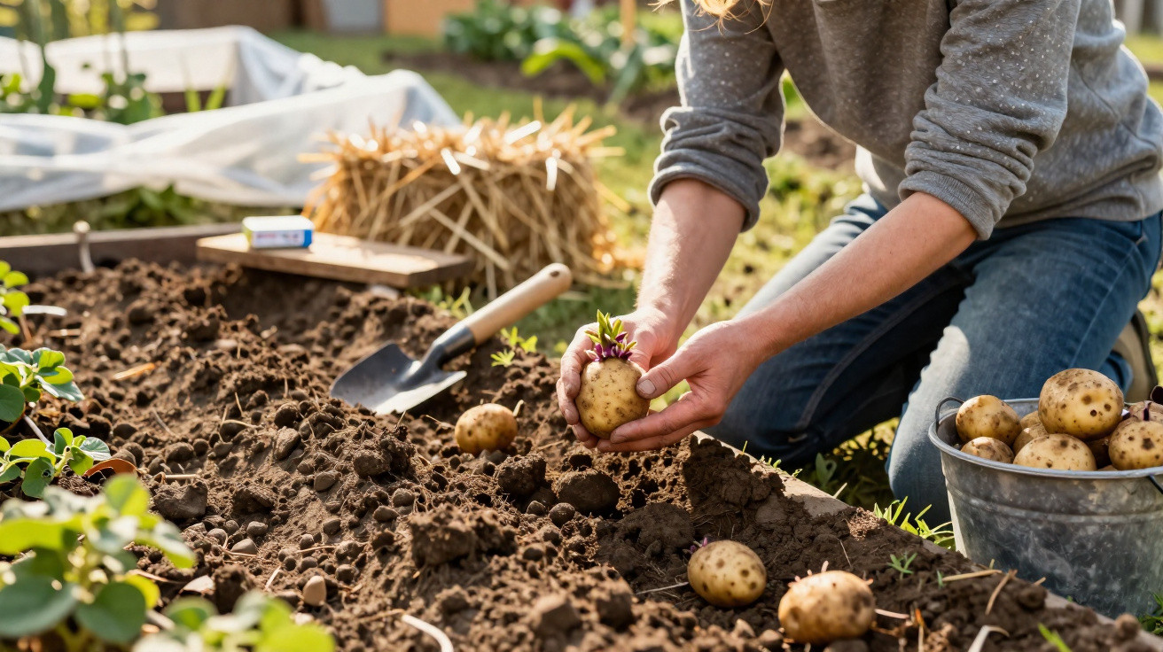 Person erntet Kartoffeln im Gartenbeet, umgeben von Erde, Pflanzen und einem Eimer voller Kartoffeln.