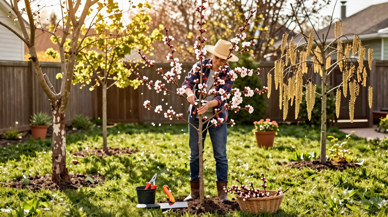 Person mit Strohhut pflegt blühenden Baum im Garten bei sonnigem Wetter, Gartenwerkzeuge und Korb mit Ästen nahe dabei.