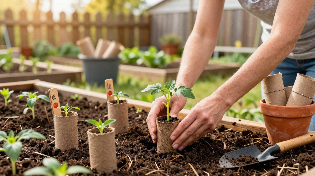 Person pflanzt junge Tomatenpflanze in Anzuchttopf auf Hochbeet im Garten ein.