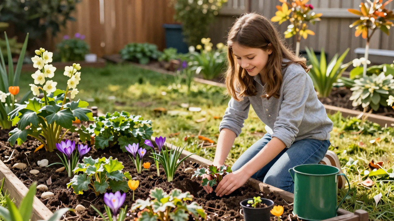 Mädchen pflanzt Blumen in Hochbeet im Garten, umgeben von Frühjahrsblumen und grünen Pflanzen.