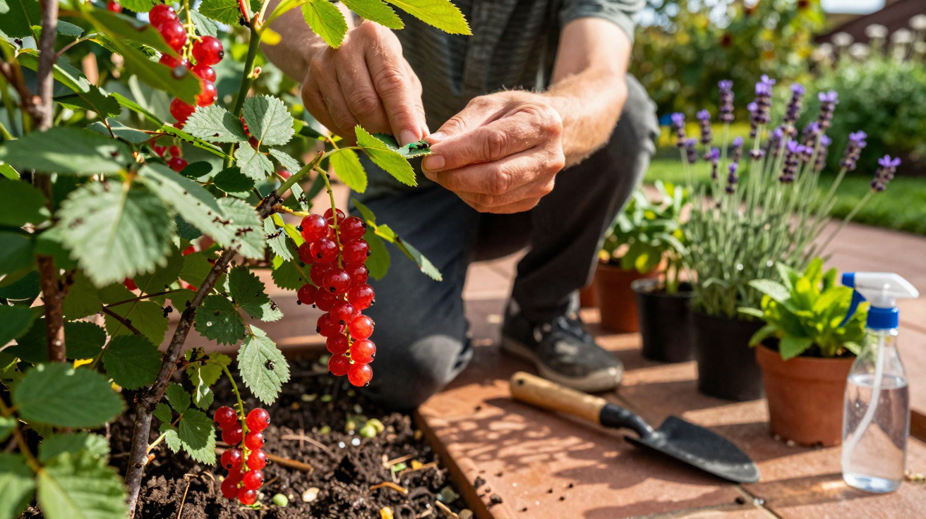 Ältere Person pflückt rote Johannisbeeren im Garten, umgeben von Topfpflanzen und Gartengeräten.