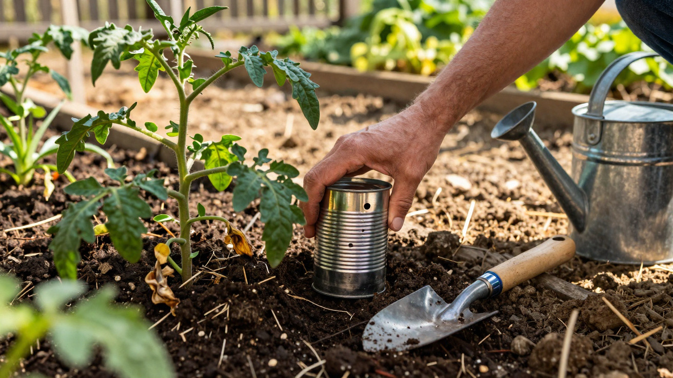 Hand platziert eine verzierte Dose neben jungen Tomatenpflanzen im Beet, Gießkanne und Gartenkelle sichtbar.