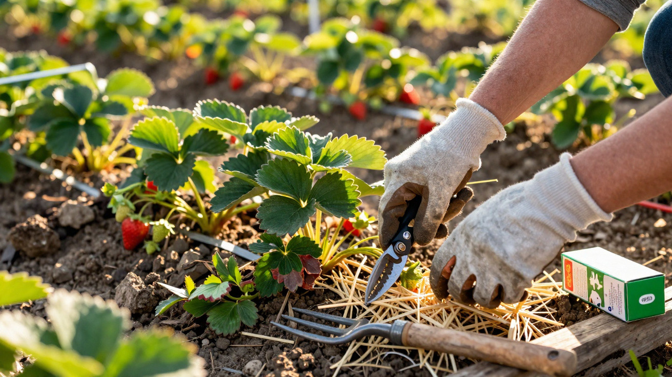 Gärtner mit Handschuhen beim Pflegen von Erdbeerpflanzen mit Gartenschere und Werkzeug im Beet.