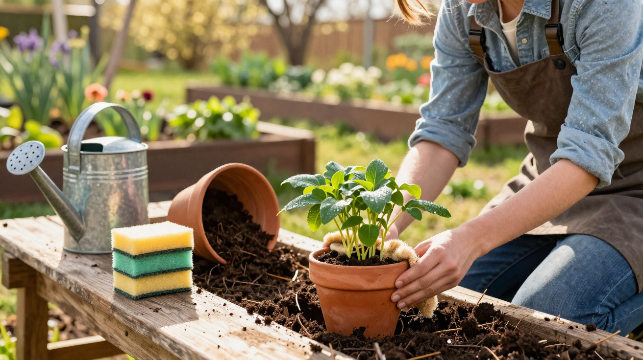 Frau bepflanzt einen Blumentopf mit grüner Pflanze im Garten auf hölzernem Tisch bei Sonnenschein.