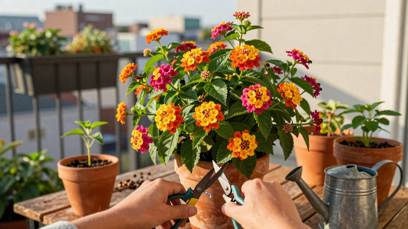 Person schneidet bunte Blüten einer Topfpflanze auf Balkon bei Sonnenschein zurück.