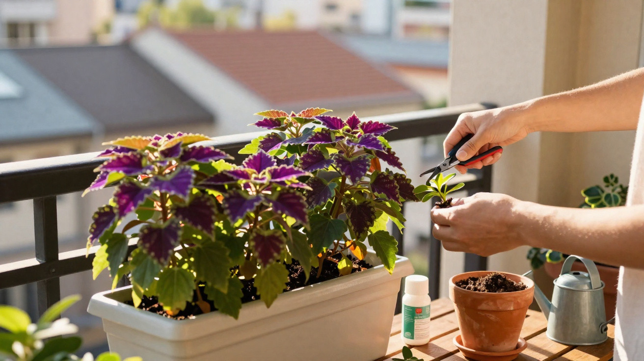 Person schneidet Pflanzenblätter auf einem Balkon mit bunten Blumentöpfen im Sonnenschein.