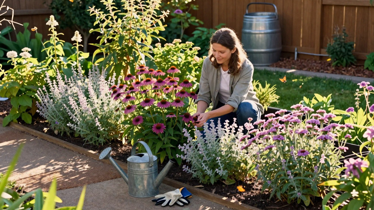 Frau gießt Blumen in einem sonnigen Garten mit bunten Blüten und Gartengeräten im Vordergrund.