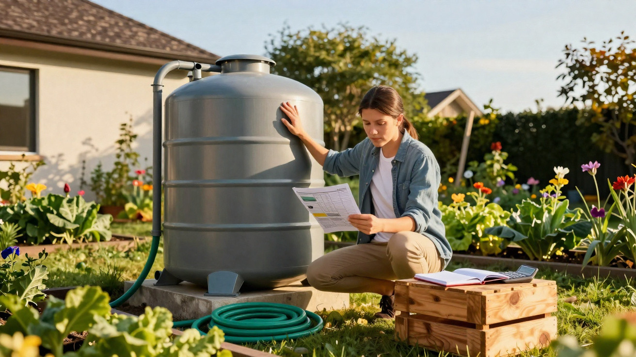 Frau prüft einen Bewässerungsplan neben einem grauen Regenwassertank im Garten mit Blumen und Pflanzen.