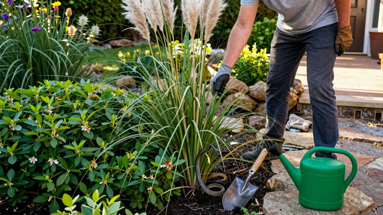 Person im Garten zieht eine Schlange neben Gräsern und Blumenkübeln aus dem Boden.
