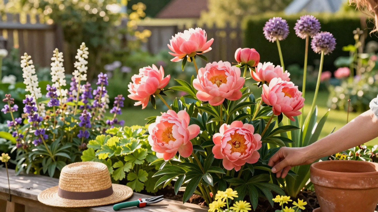 Blühende Pfingstrosen und bunte Blumen in einem sonnigen Garten mit Gartengerät und Stroh-Hut.